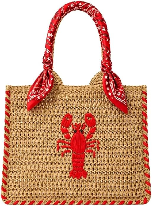 Straw Bag Lobster Embroidery, Straw Zipper Handle Handbags | Summer Beach Rattan Bag, Beach Purse... | Amazon (US)