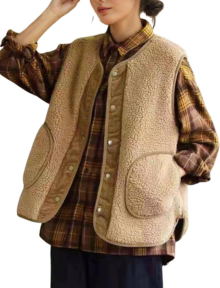 QIBABU Womens Fuzzy Fleece Vest Casual Button Down Sherpa Vest Warm Sleeveless Jackets with Pocke... | Amazon (US)