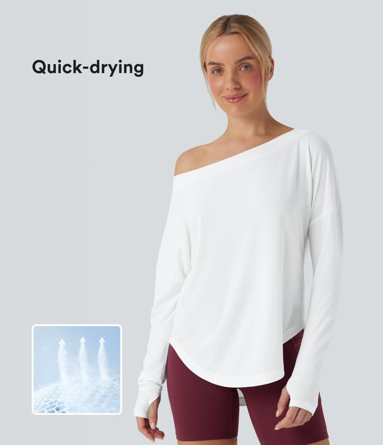 Women’s One Shoulder Long Sleeve Thumb Hole Curved Hem High Low Quick Dry Yoga Sports Top - Hal... | HALARA