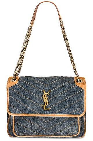 Saint Laurent Medium Niki Denim Monogramme Chain Bag in Rodeo Blue & Cinnamon | FWRD | FWRD 