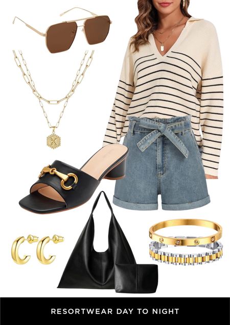 Casual spring outfit idea that’s affordable! Stripe pull over shirt and denim shorts with an oversized black tote bag and black and gold sandals. Paired with a gold charm necklace and aviator sunglasses. #founditonamazon #springbreak #outfitideas 

#LTKmidsize #LTKfindsunder50 #LTKover40
