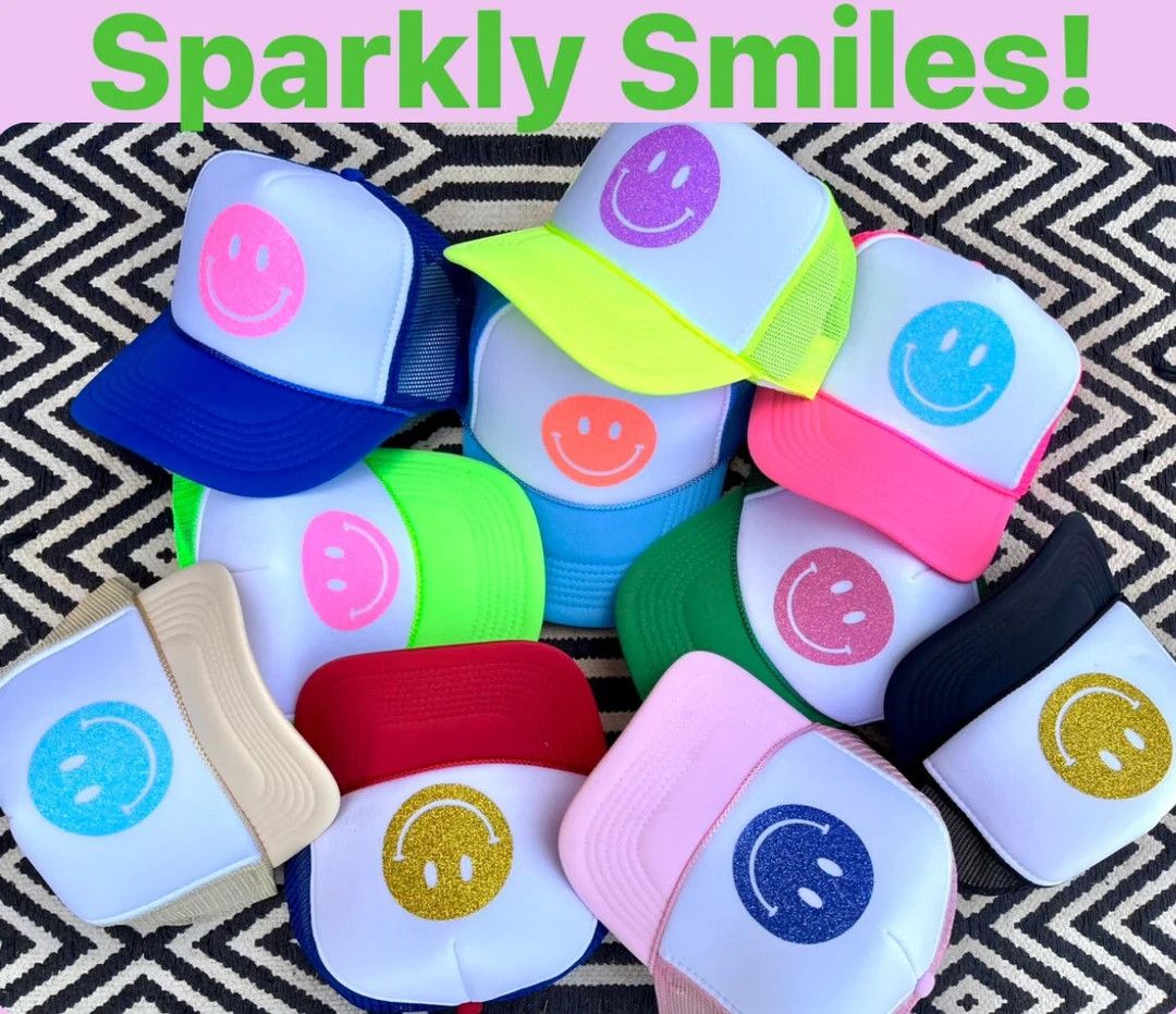 HappySparkles Trucker hat, smiley face trucker hat, smiley face hat, sparkly smiley face hat, sum... | Etsy (US)