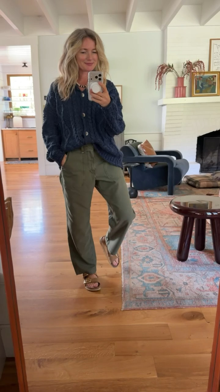Green pants and a blue cardigan - my go-to look.