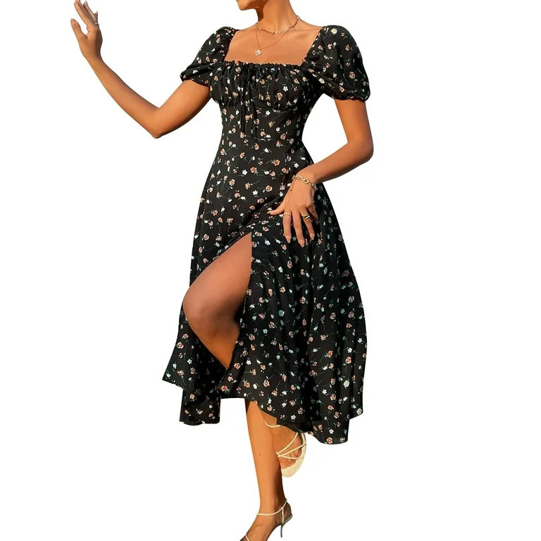 Zenbriele Women's Puff Sleeve Floral Dress Square Neck Knot Ruched Bust Split Midi Dresses - Walm... | Walmart (US)