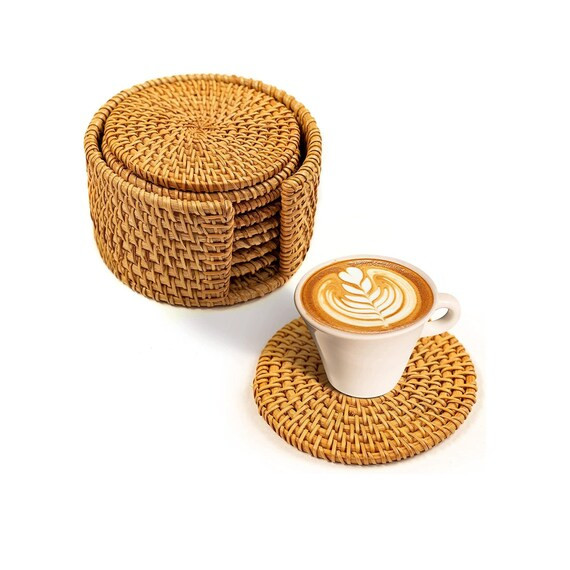 Set of 8 Handmade Natural Rattan Coasters With Holder for - Etsy | Etsy (US)