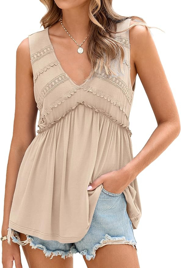 Glamaker Women Summer Tank Tops Babydoll Beach Lace Peplum Tops Flowy Sleeveless V Neck Casual Tu... | Amazon (US)