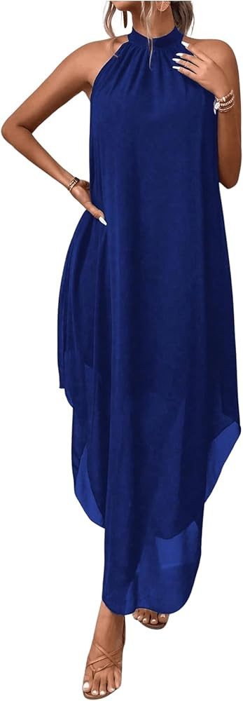 Verdusa Women's Flowy Halter Neck Sleeveless Asymmetrical Hem Maxi Long Dress | Amazon (US)