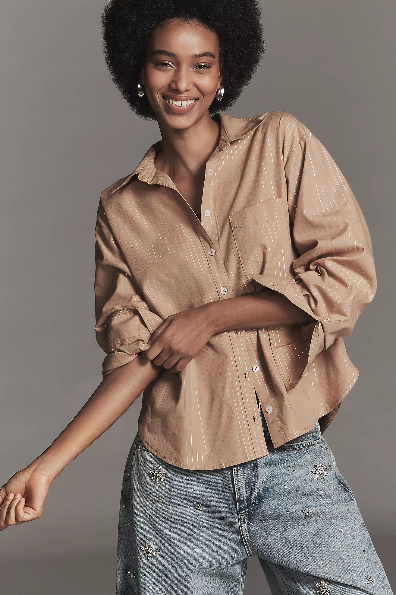 The Shrunken Bennet Lurex Stripe Buttondown Shirt by Maeve | Anthropologie (US)