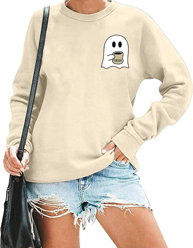 RFBIQI Halloween Spooky Coffee Sweatshirt Womens Cute Ghost Graphic Long Sleeve Shirt Fall Coffee... | Amazon (US)