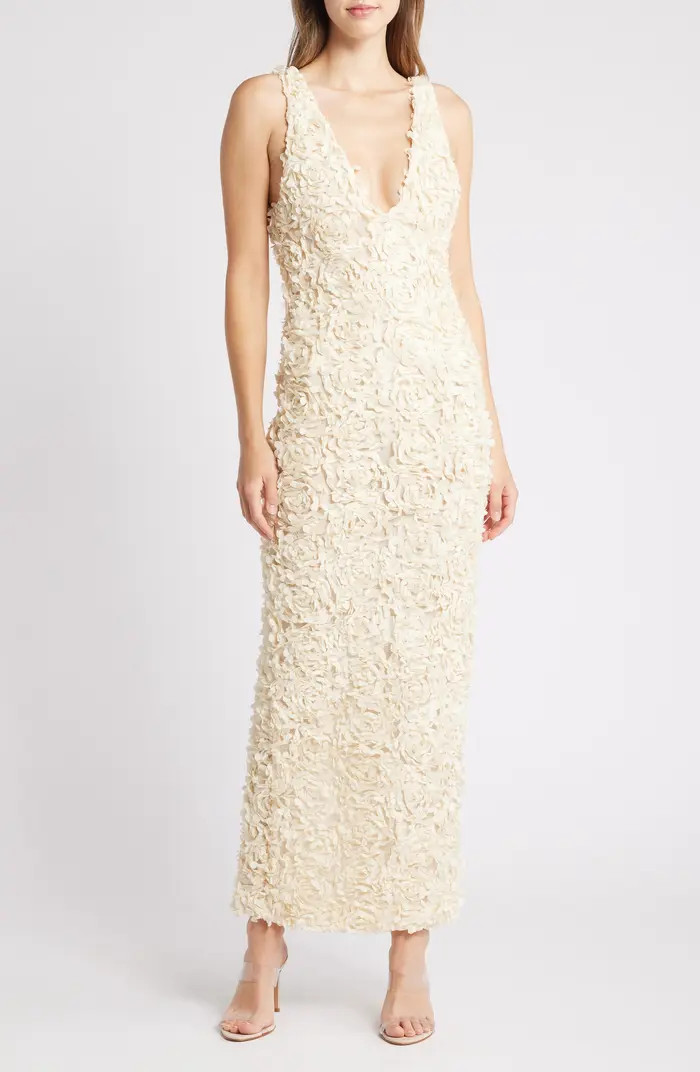 Carena 3D Floral Appliqué Plunge Neck Gown | Nordstrom
