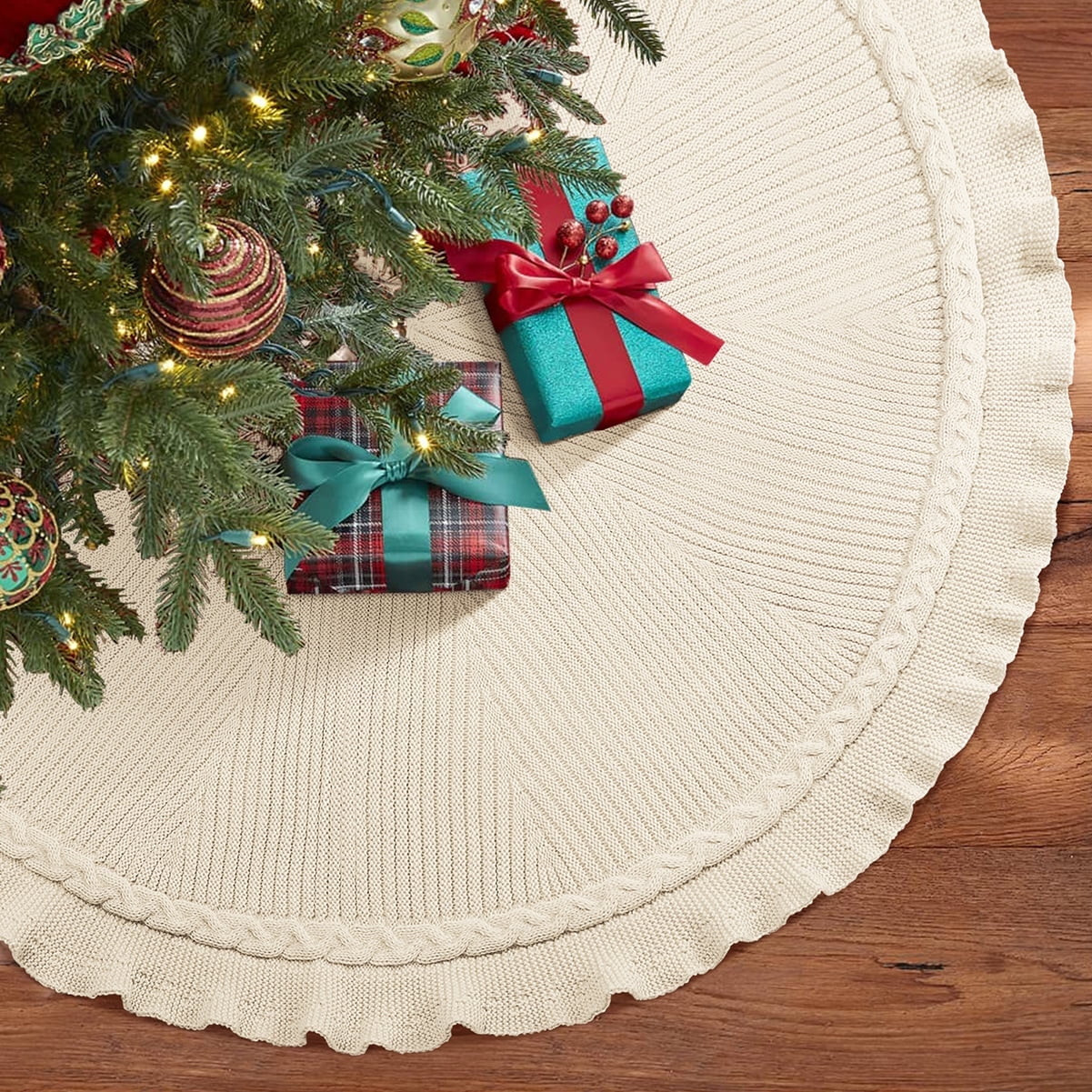 Ayieyill 48 inch White Christmas Tree Skirt, Knitted Thick Rustic Xmas Tree Skirt Christmas Decor... | Walmart (US)