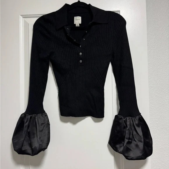 Maeve Black Knit Blouse with Satin Puff Sleeves | Poshmark
