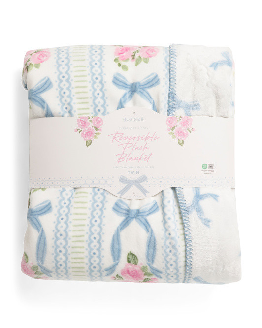 Rose And Bows Striped Reverse To Plush Blanket | TJ Maxx