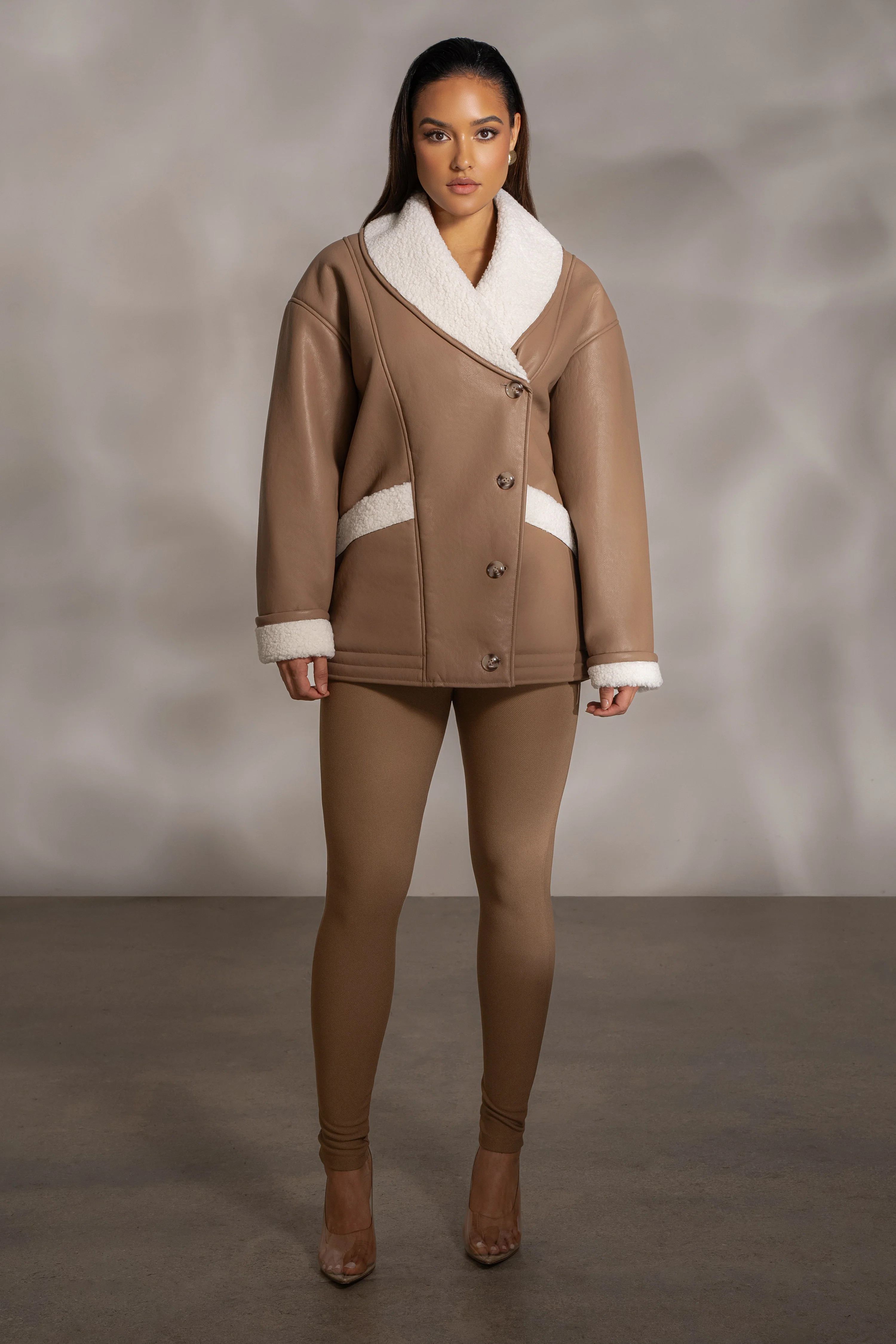 Tan Presley Faux Leather Coat | JLUXLABEL