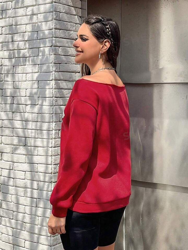 SHEIN Essnce Women's Red Open Shoulder Casual Long Sleeve Sweatshirt | SHEIN