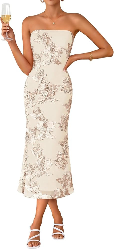 ZESICA Women's Summer Strapless Floral Midi Dress 2026 Bodycon Mesh Tube Wedding Guest Cocktail P... | Amazon (US)
