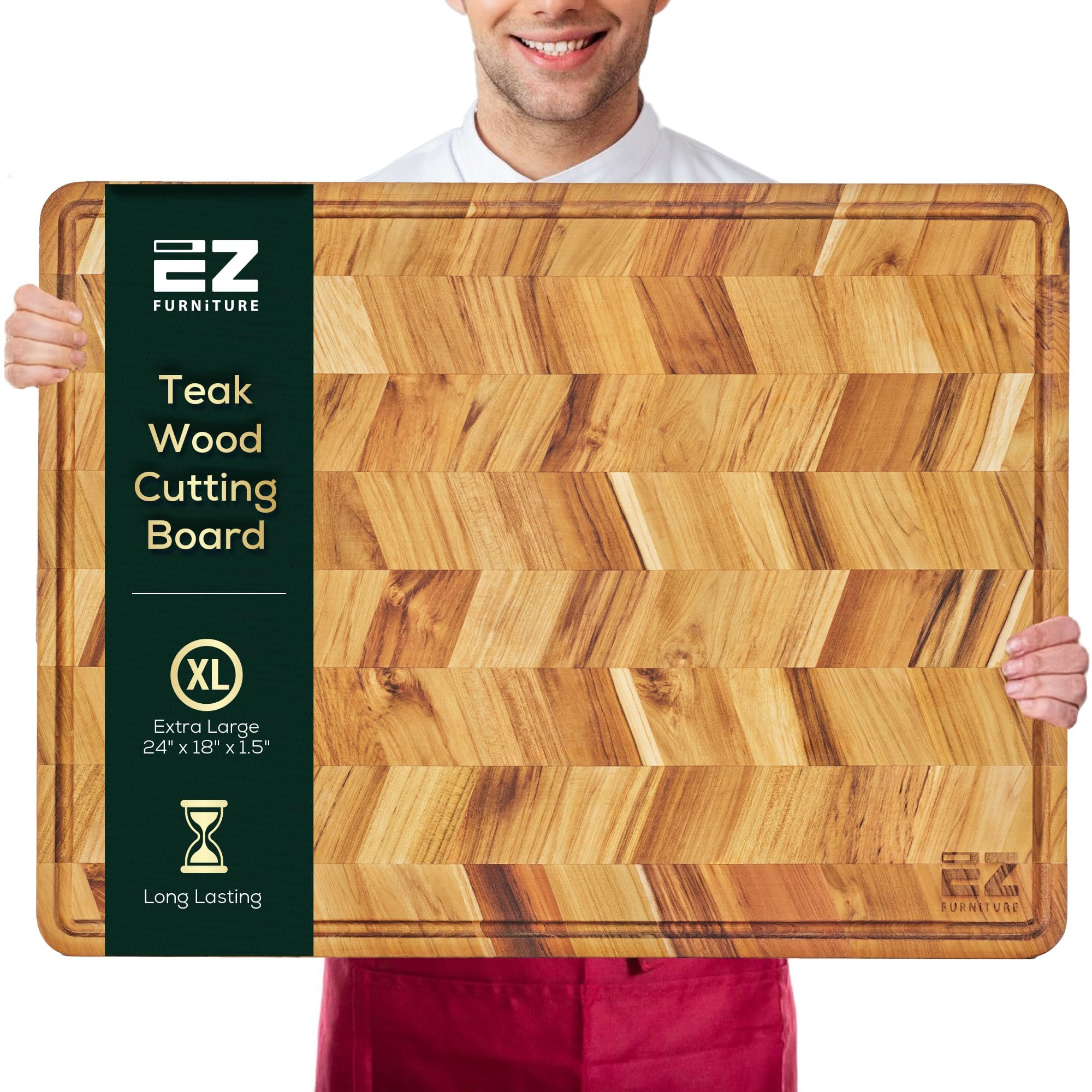 24 x 18 Inch Extra Large Herringbone Teak Wood Cutting Board with Juice Groove and Handles, Knife... | Amazon (US)
