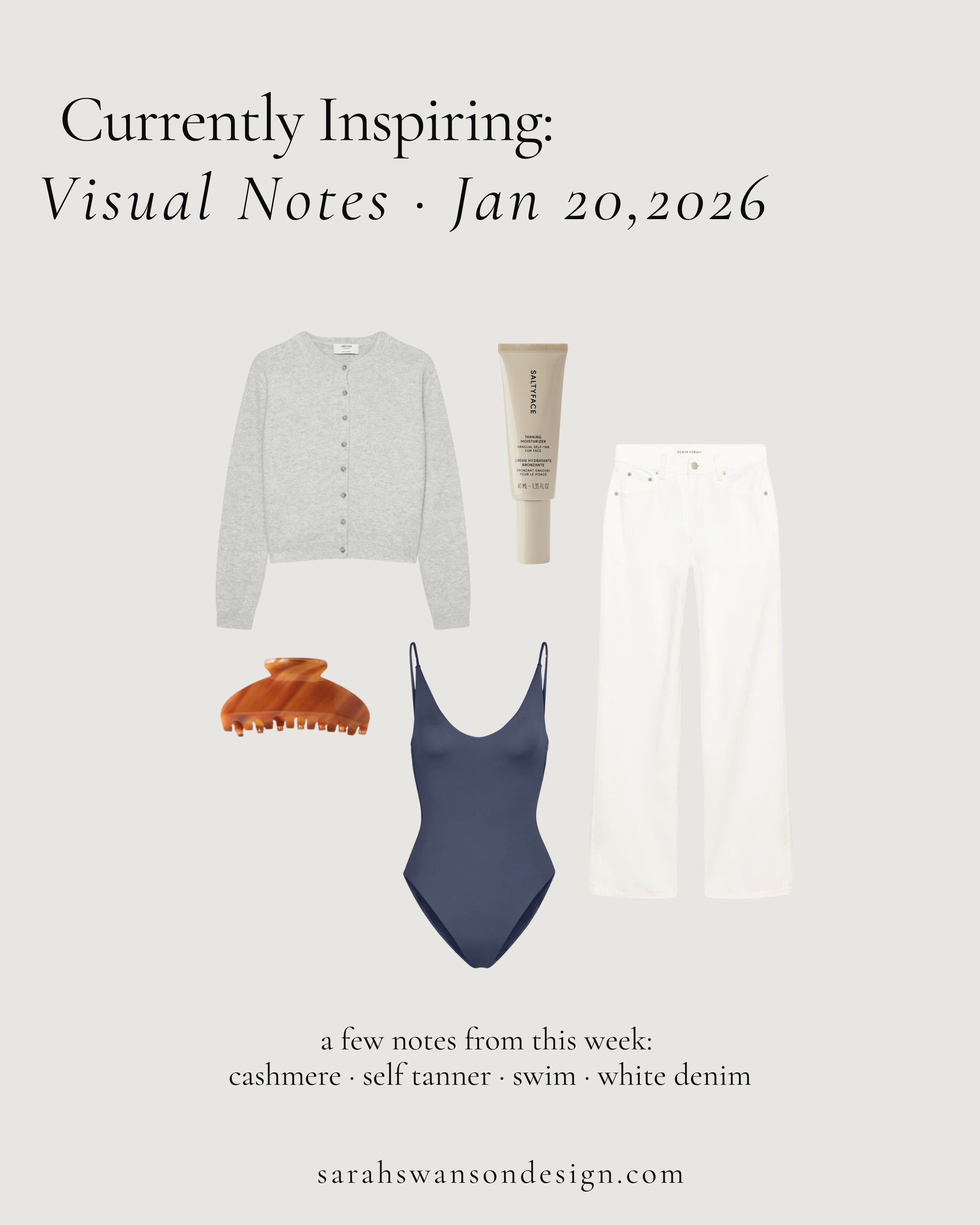 A few notes from this week — cashmere ( again ;) ), self tanner, thinking about swim and my favorite white denim.  

 #LTKmomlife #LTKSeasonal #LTKOver40