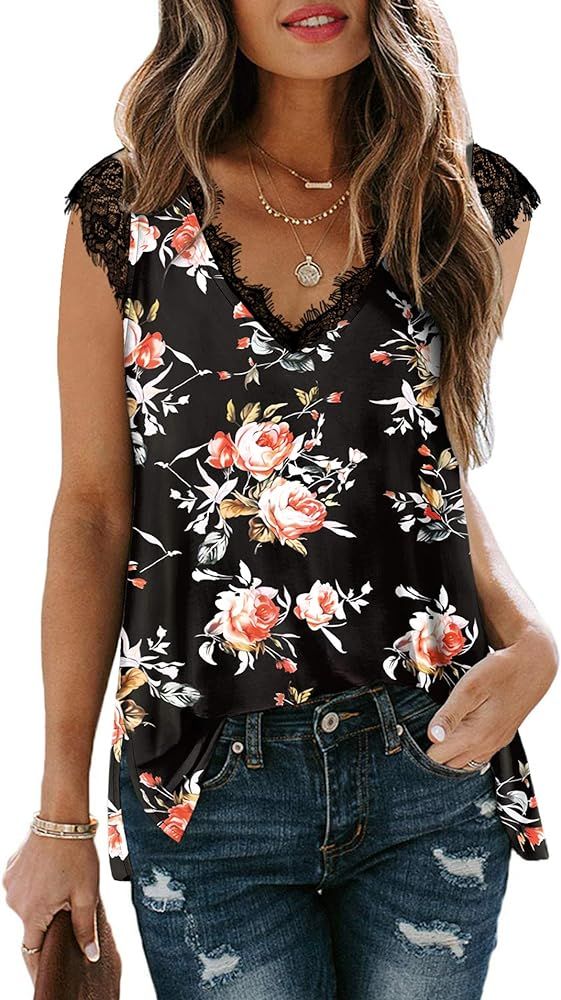 XIEERDUO Women's V Neck Lace Tank Tops Summer Casual Sleeveless Shirts Tops Side Split | Amazon (US)