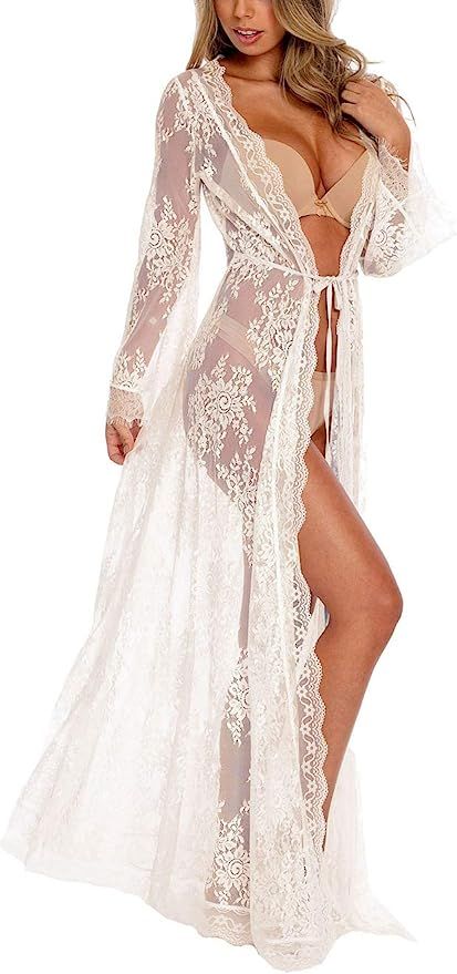 Womens Swimsuit Cover up Long Embroidered Lace Kimono Cardigan | Amazon (US)