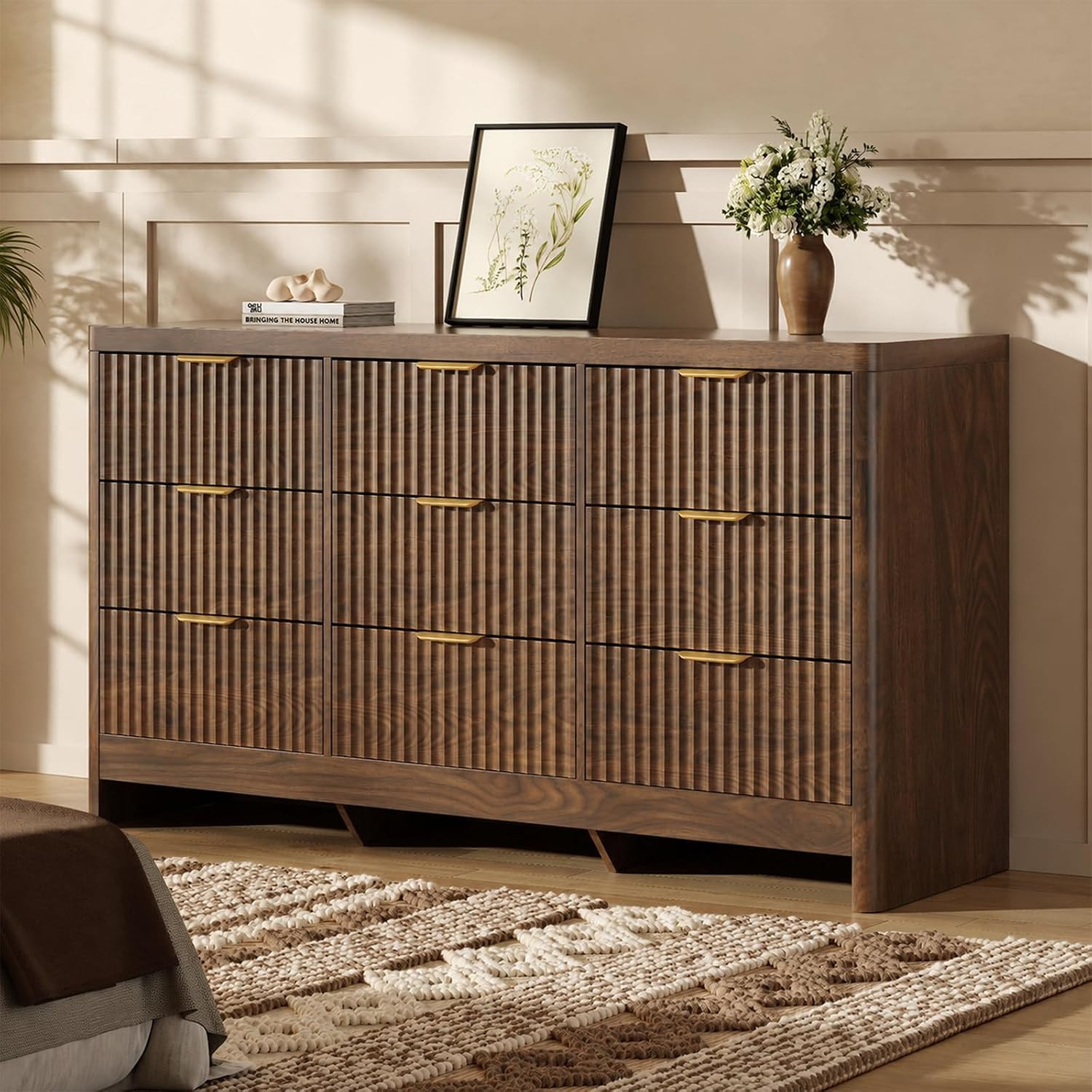 Fluted 9 Drawer Dresser for Bedroom, 59" Horizontal Wide Modern Low Profile Chest of Drawers with Metal Handle & Storage, Long Wooden Dresser TV Stand for Living Room & Closet, Walnut Brown Dresser | Amazon (US)