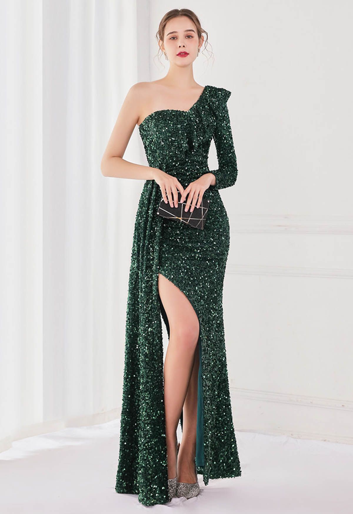 One-Shoulder Sequined Ruffle Slit Maxi Gown in Dark Green | Chicwish