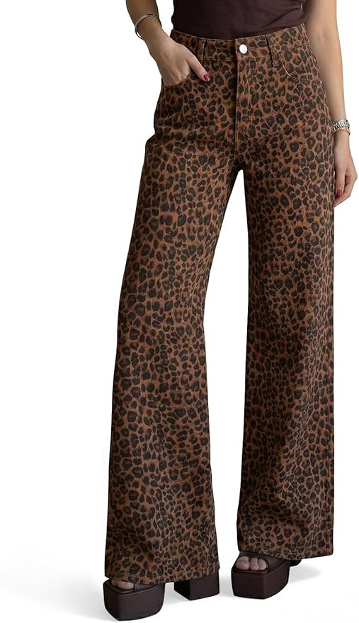Cicy Bell Womens Wide Leg Jeans High Waisted Leopard Baggy Stretchy Denim Pants with Pockets | Amazon (US)