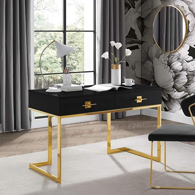 Nicole Miller Desk - Black/Gold | Design: Mandisa | 1 Drawer 3 Shelves | Hight Gloss Lacquer Fini... | Amazon (US)