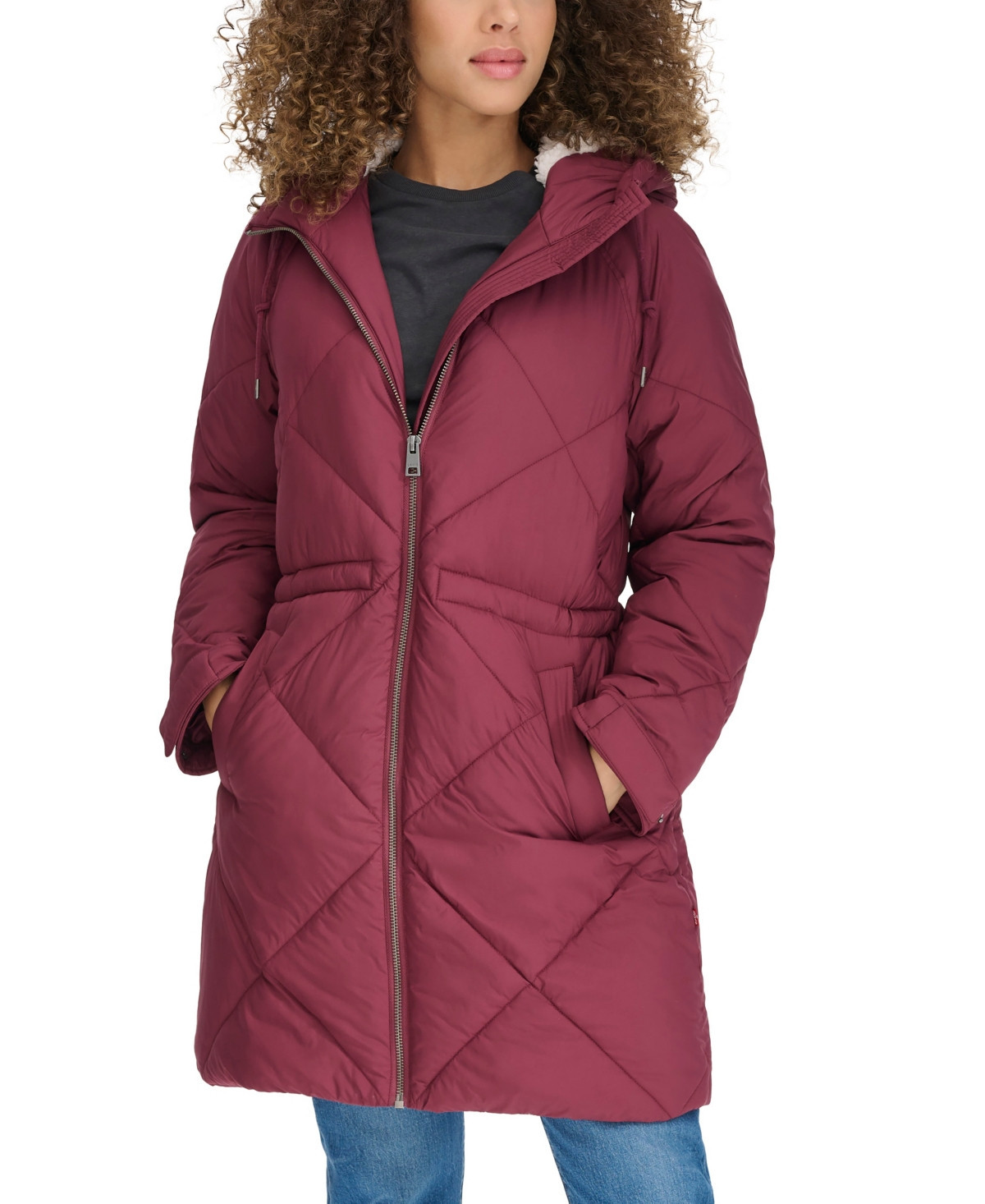 Levi's Women's Diamond Quilted Cinch Waist Parka Jacket - Burgundy | Macy's