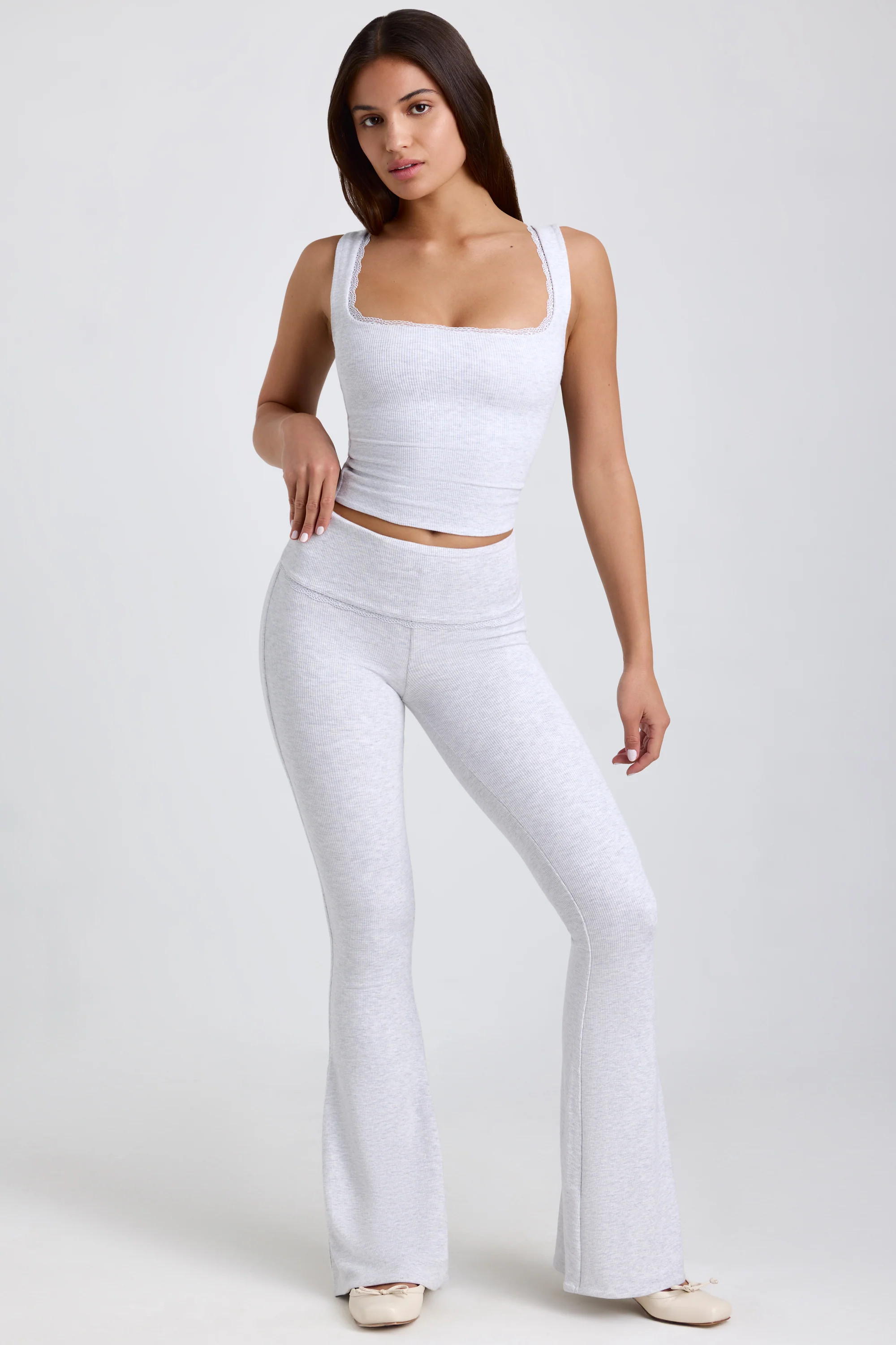 Petite Ribbed Modal Mid-Rise Foldover Flared Trousers in Grey | Oh Polly