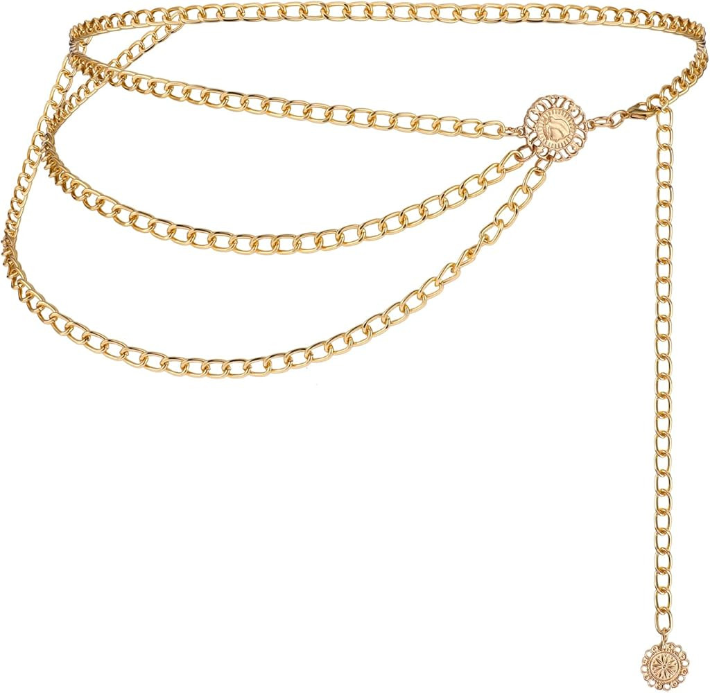 Multilayer Metal Waist Chain, Women Dress Belt Silver Chain Belt Cute Belts for Women Adjustable ... | Amazon (US)