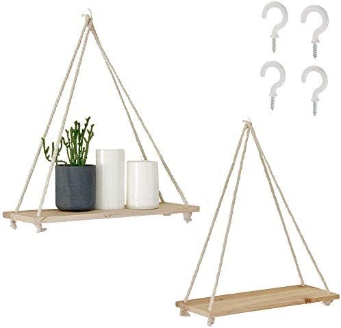 Hanging Shelves for Wall [Set of 2 w/ Hooks] Wooden Shelf Macrame Rope, Natural Light Reclaimed W... | Amazon (US)