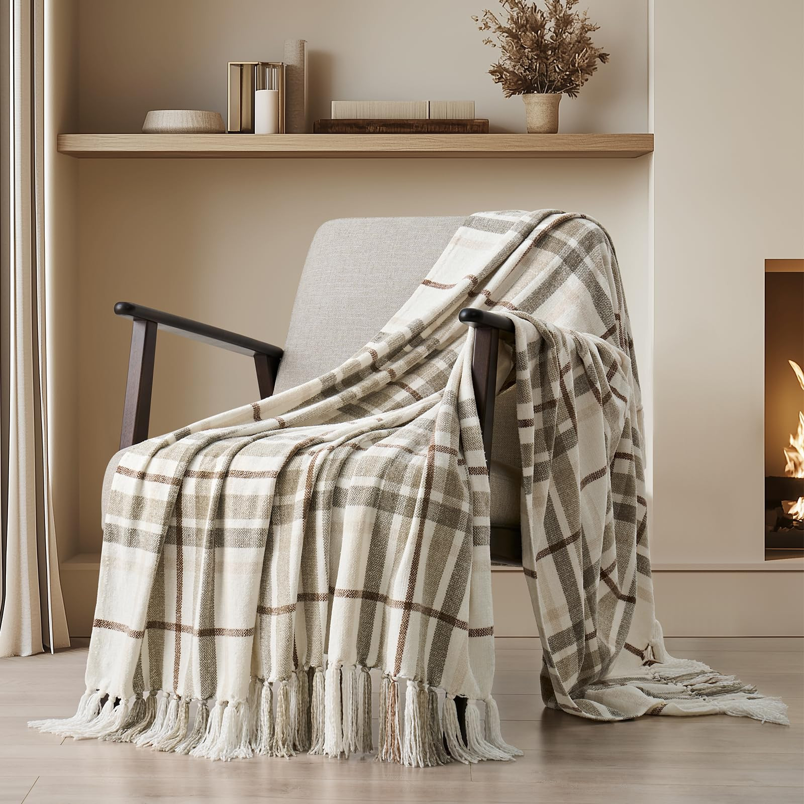 EVERGRACE Plaid Chenille Throw Blanket Farmhouse Plaid Chenille Knit Beige 60"x80" | Amazon (US)