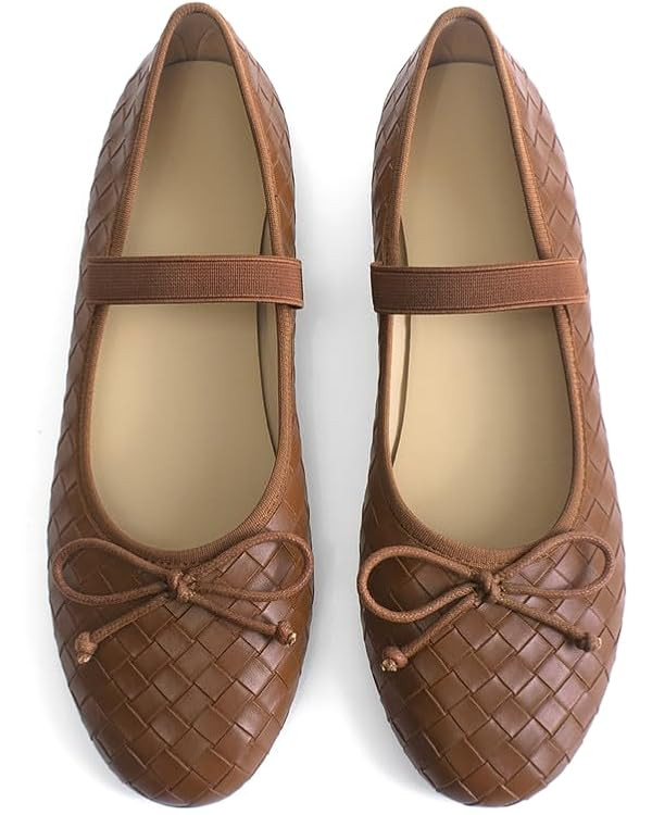 Womens Woven Ballet Flats with Bow Round Toe Slip on Mary Jane Flats Ladies Fashion Elastic Strap... | Amazon (US)