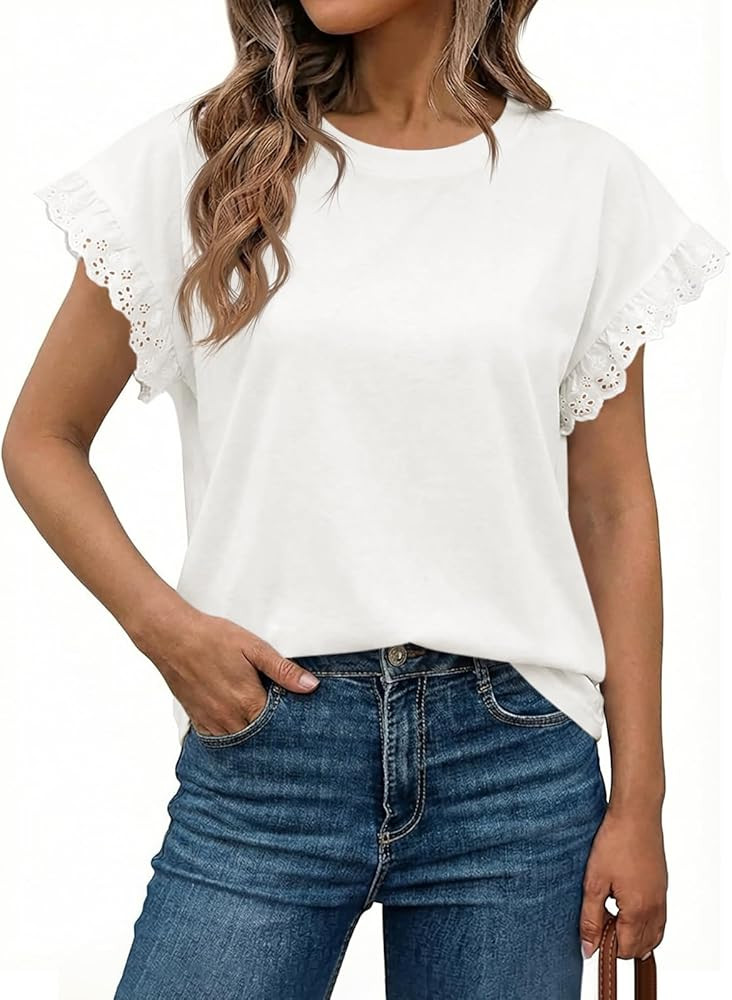 Tankaneo Womens Summer Crewneck T-Shirts Lace Cap Sleeve Tops Dressy Casual Loose Fit Work Basic ... | Amazon (US)