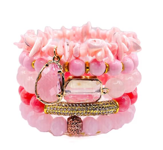 Beaded Stacked Bracelet Set Pink Rose Quartz 5 Piece Stretch | Etsy | Etsy (US)