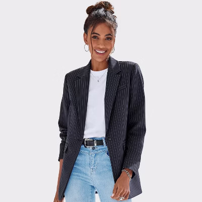 Women's Pinstripe Oversized Blazer - LASCANA - Navy Ivory Pin Striped 10 | Target