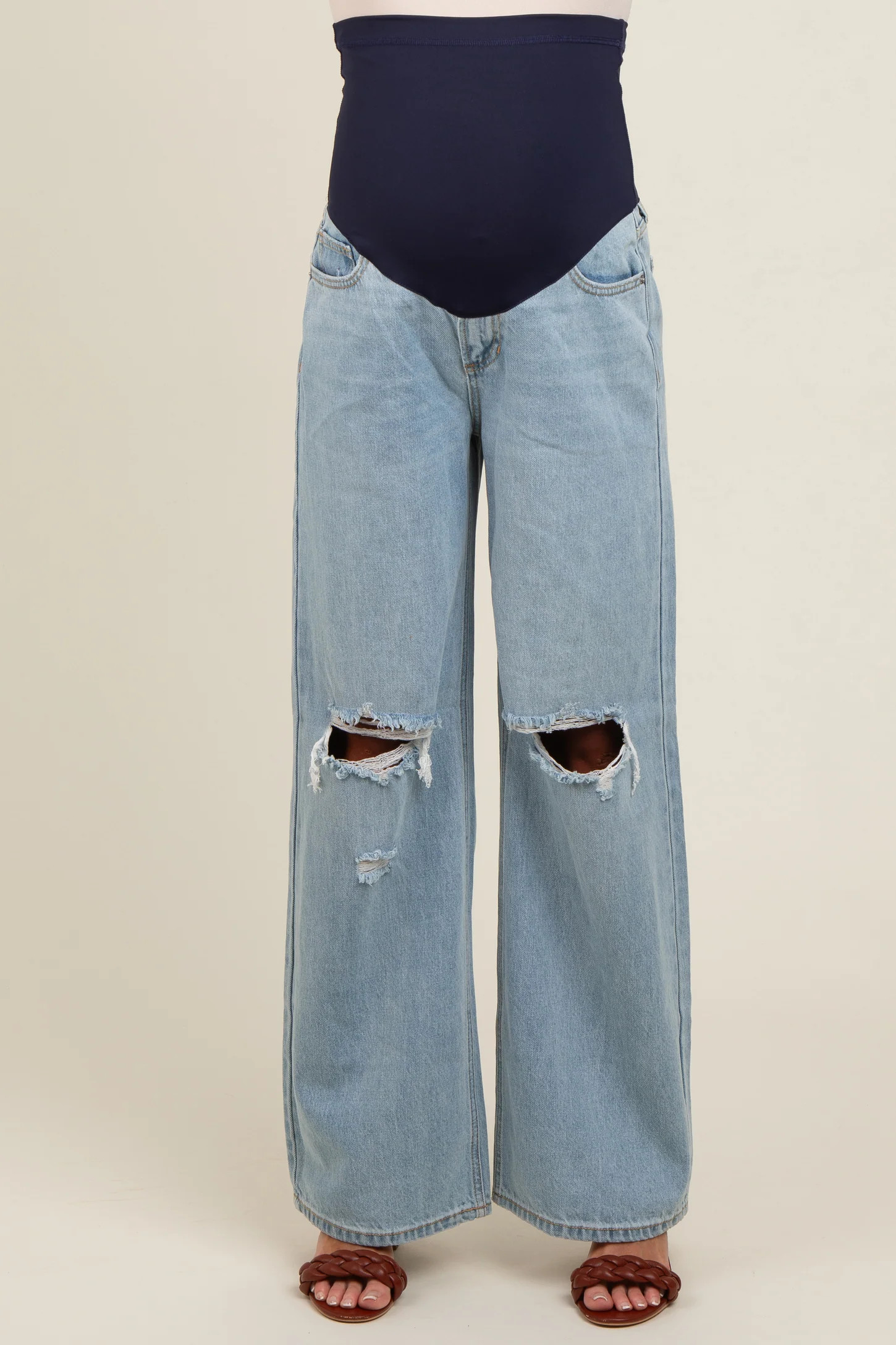 Light Blue Open Knee Relaxed Wide Leg Maternity Jeans | PinkBlush Maternity