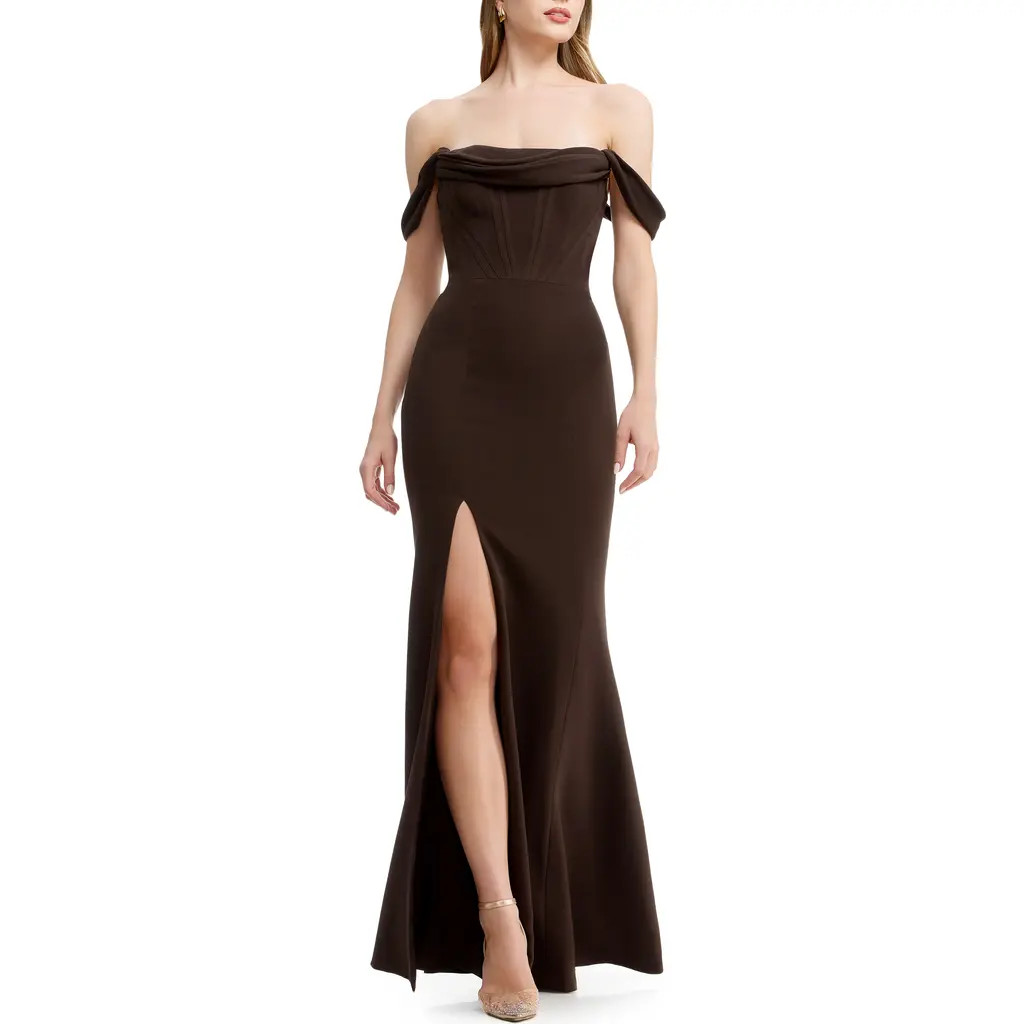 Dress the Population Melania Off the Shoulder Gown in Mocha at Nordstrom, Size Medium | Nordstrom