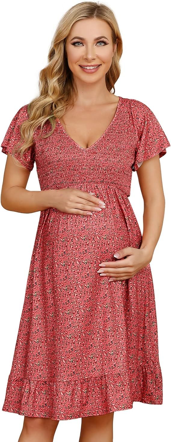 Coolmee Women's Maternity Short Sleeve Ruffle Dress V Neck Summer Casual Smocked Flowy Midi Dress... | Amazon (US)