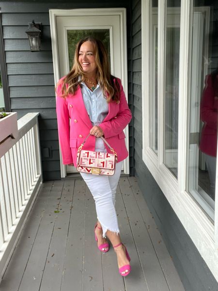 I love the combination of Bright pink and baby blue! My blazer is available in many colors.  Blouse: @democracy It it white jean season, I mean every season in white jean season. 

#LTKparties #LTKitbag #LTKmidsize

#LTKOver40 #LTKFindsUnder50 #LTKMidsize
