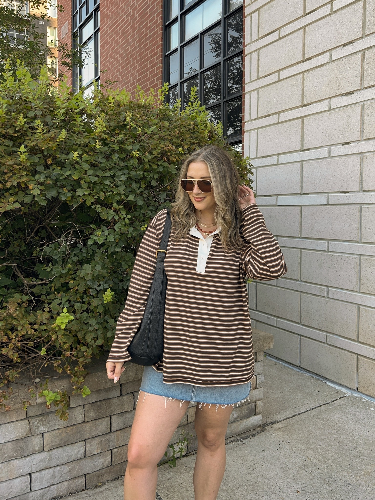 Early fall outfit! Wearing L in the striped rugby polo top, it’s very lightweight so still works for warmer weather! I bought this denim skirt last year in a size 32, would do a 31 if I was purchasing now. I’m a 9.5-10 shoe and wear a 40 in the Birkenstock clogs

#LTKfall #LTKmidsize #LTKsale