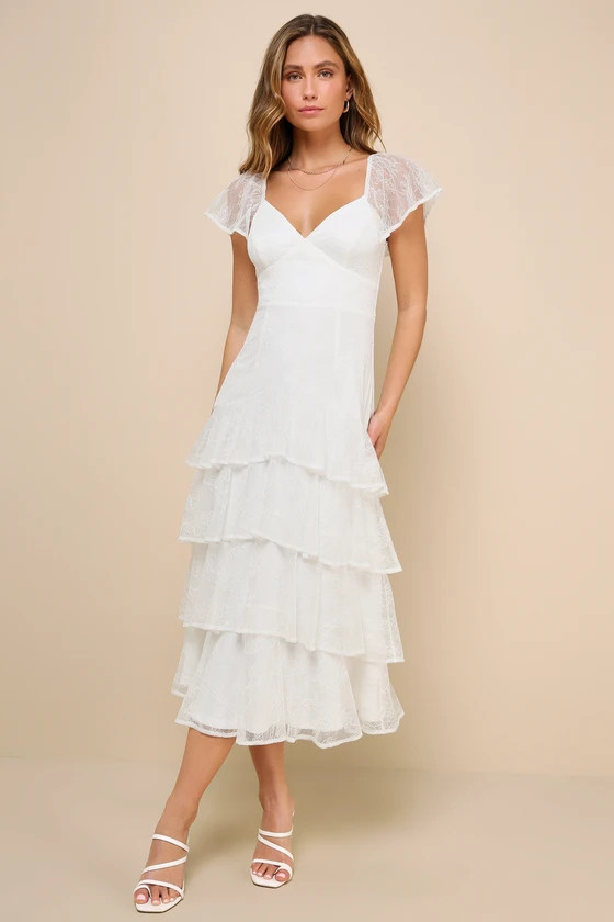 Graceful Darling White Lace Flutter Sleeve Tiered Midi Dress | Lulus