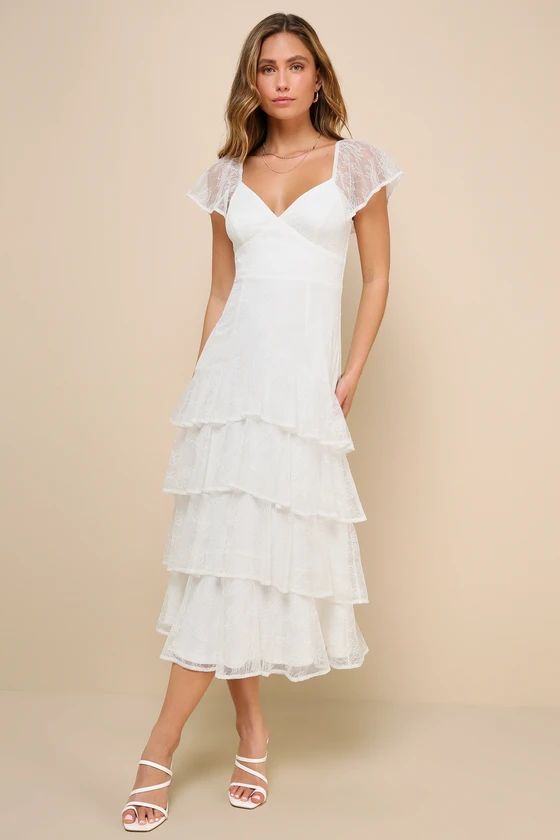 Graceful Darling White Lace Flutter Sleeve Tiered Midi Dress | Lulus