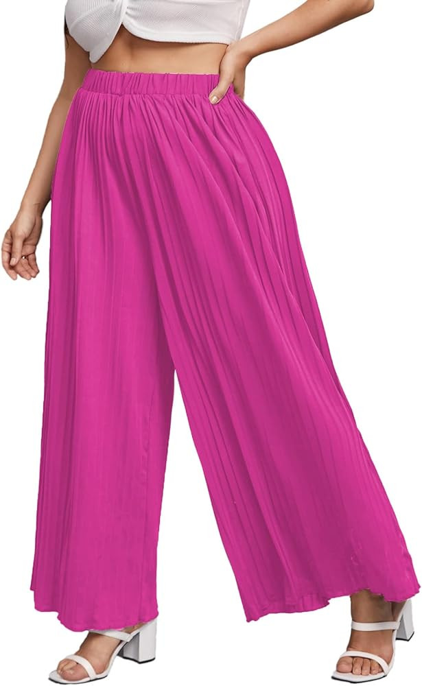 WDIRARA Women's Plus Size Pleated Elastic Waist Wide Leg Casual Long Pants | Amazon (US)