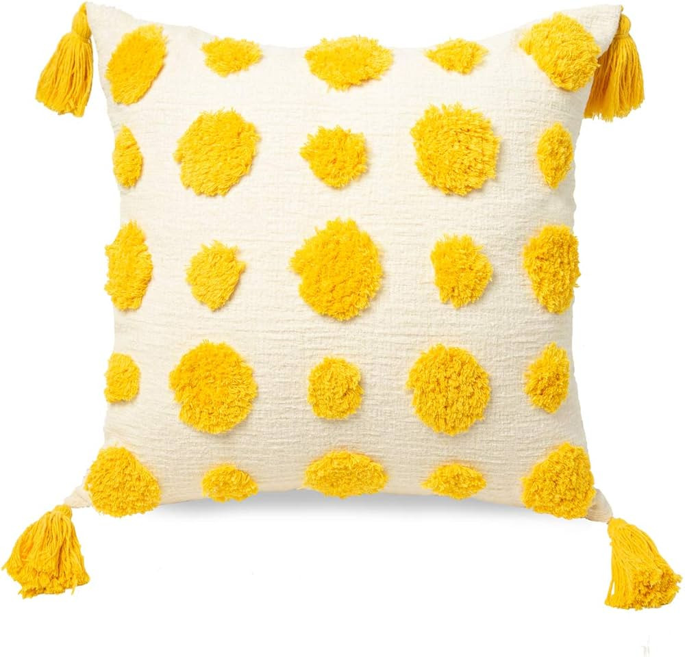 PLWORLD Boho Yellow Throw Pillow Cover 18x18 Inch with Tassels, Pom Pom Tufted Decorative Cream C... | Amazon (US)