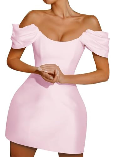 Zymhae Satin Pink Off The Shoulder Short Homecoming Dresses for Teens Tight Lace Up Petite Backless Mini Cocktail Party Prom Gown 2025 US0 | Amazon (US)
