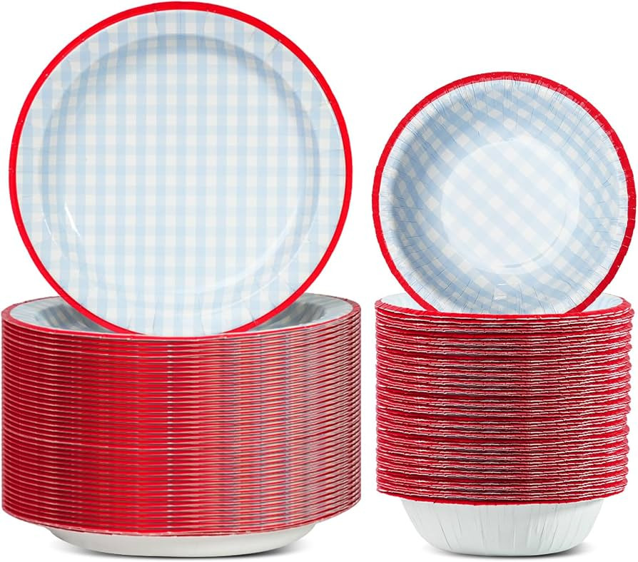 100 Pcs Gingham Paper Plates and Bowls Set - 50 Pcs 8.5 Inch Disposable Blue Gingham Plates and 5... | Amazon (US)