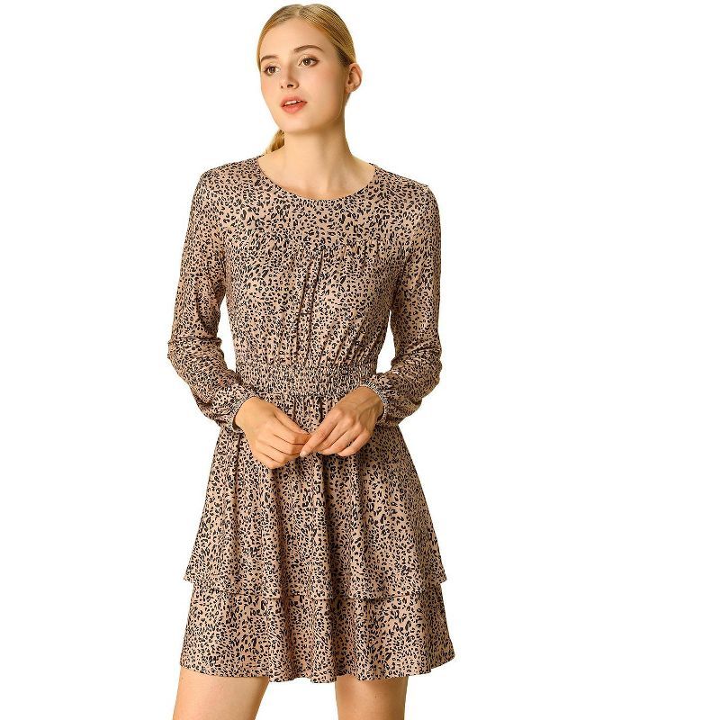 Allegra K Women's Leopard Print Crew Neck Smock Waist Long Sleeve Ruffle Mini Dress | Target