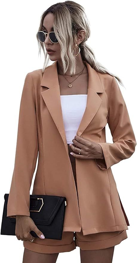 Floerns Women's 2 Piece Long Sleeve Open Front Blazer with Shorts Set | Amazon (US)